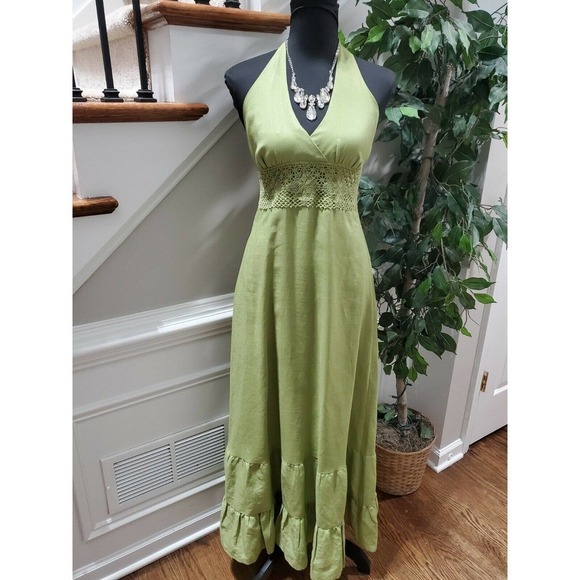 Foschini Women's Green 100% Ramie Sleeve Less V-Neck Long Maxi Dress Size 8 - Picture 11 of 11
